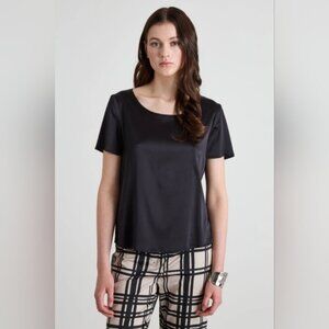 Pura Seta Black Short Sleeve Silk Satin Top Semi Sheer Relaxed Stretch T-shirt
